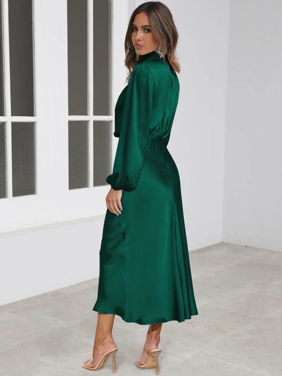 Elegant Temperament Long-sleeved Dress Satin Halterneck Formal Evening Dresses Women Clothing