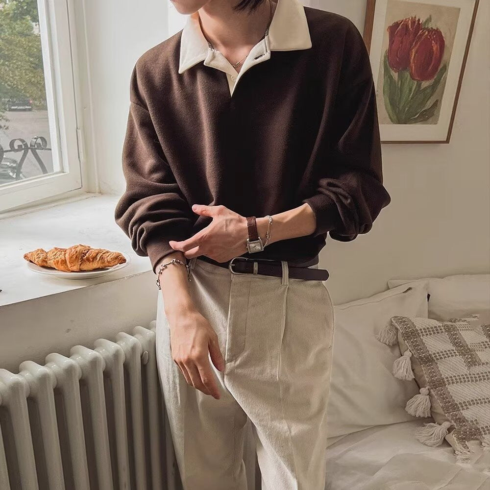 Mens Retro Color-Block Lapel Hoodie Versatile Long-Sleeve Top
