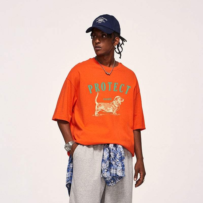Dog Pulp-pulling Printed T-shirt Loose Animal Short-sleeved T-shirt Men