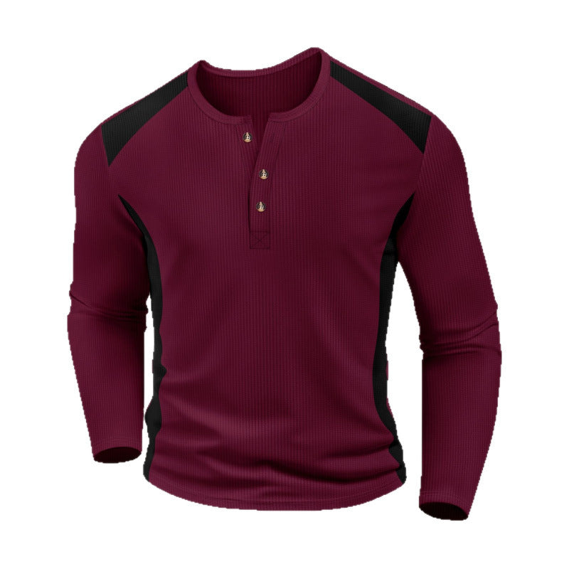 Men's Waffle-Weave Two-Tone Turtleneck Button-Up Long-Sleeve Top