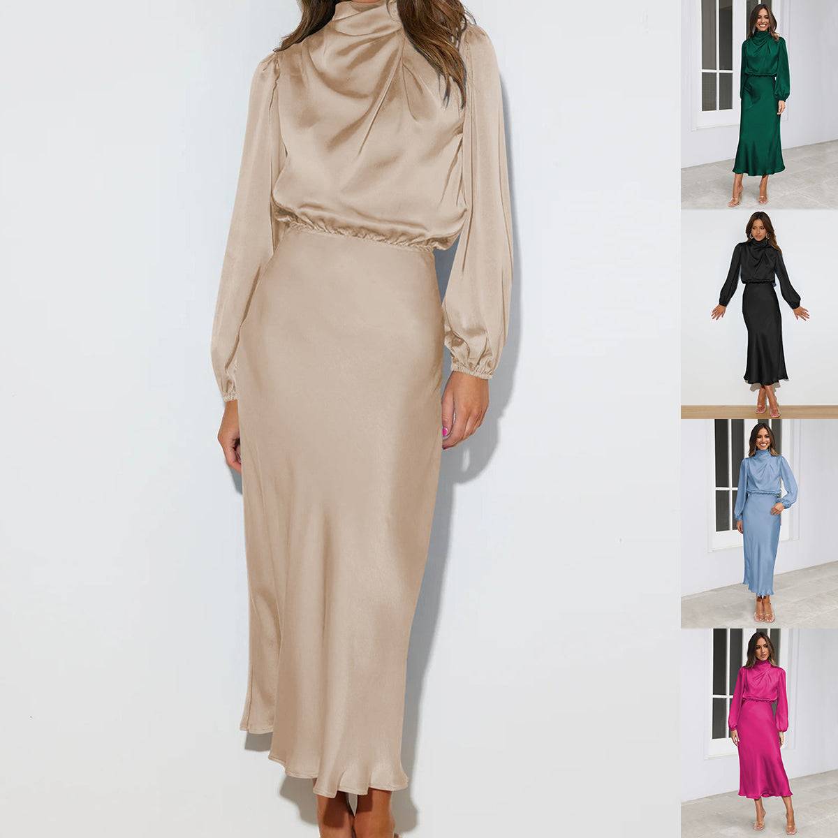 Elegant temperament long-sleeved satin halterneck dress with lantern sleeves and patchwork skirt in solid color