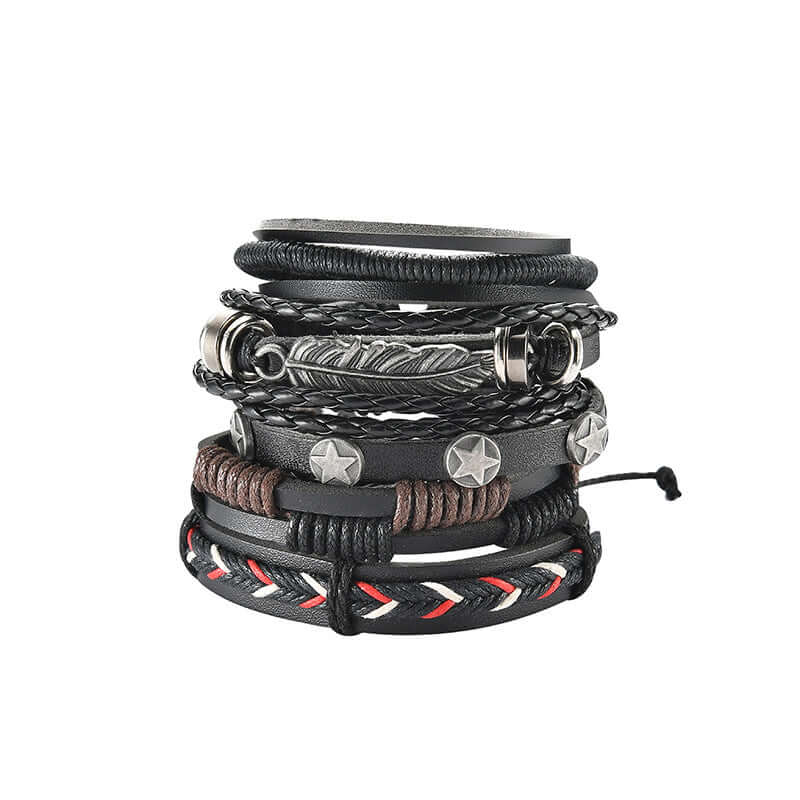 Multilayer leather bracelet for men featuring various textures and designs in black and brown tones.