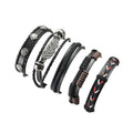Multilayer leather bracelet for men featuring various textures and designs in black and brown tones.