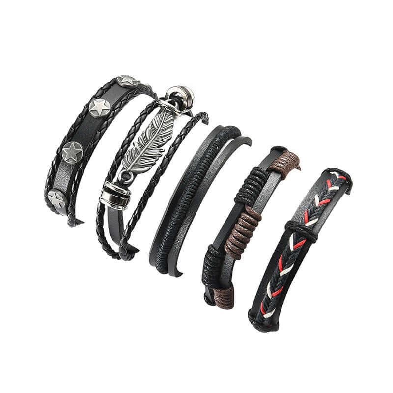 Multilayer leather bracelet for men featuring various textures and designs in black and brown tones.