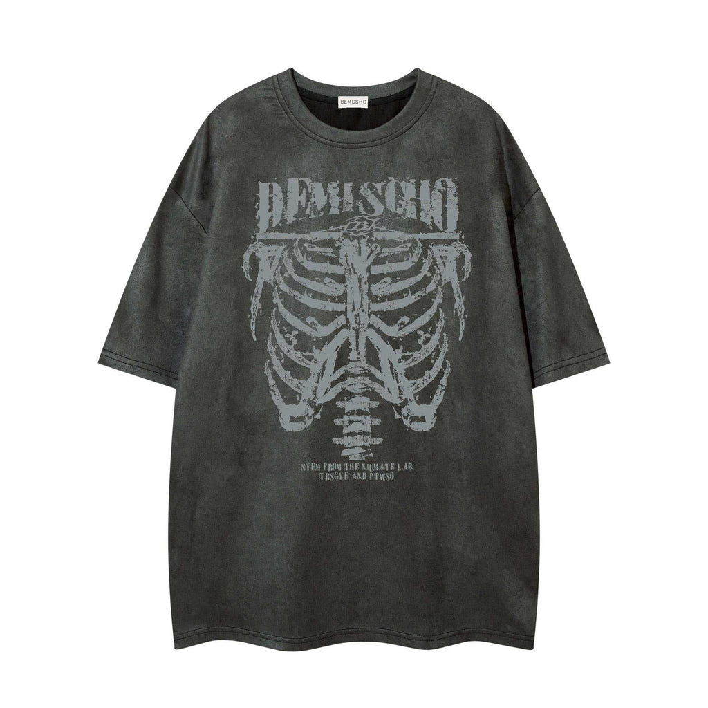 Dark Skull Skeleton Printed Suede T-shirt For Men