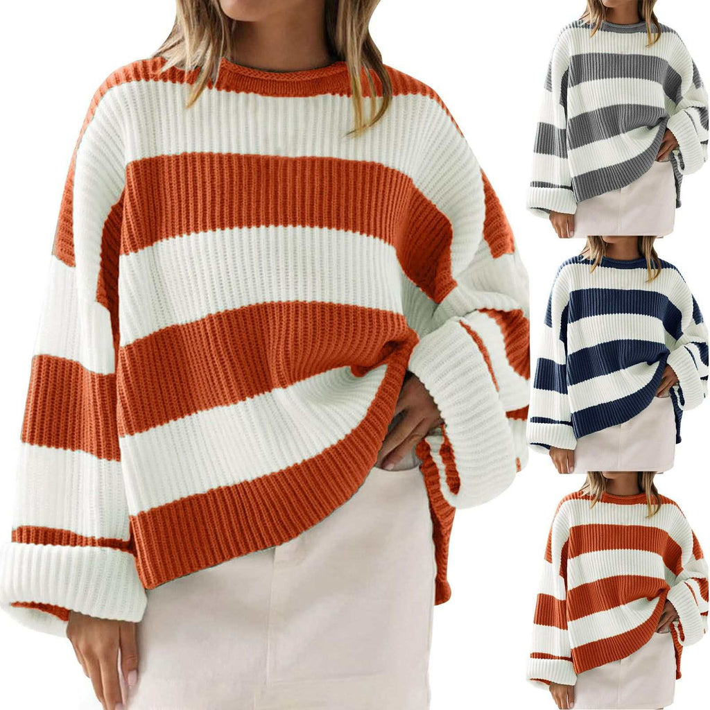 Loose striped sweater with long batwing sleeves and round neck pullover knit top for women in casual style