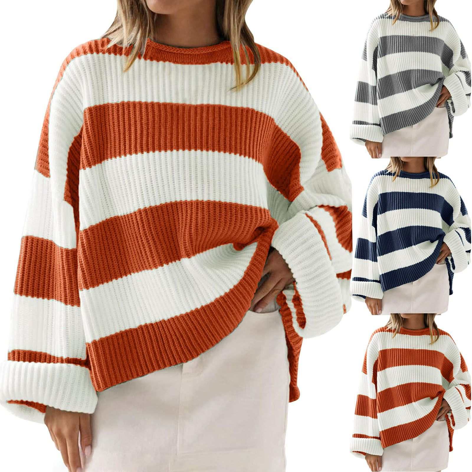 Loose striped sweater with long batwing sleeves and round neck pullover knit top for women in casual style