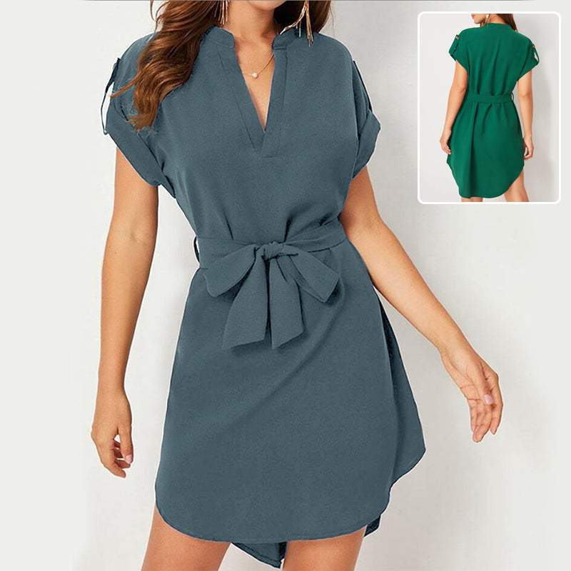 Woman wearing a V-neck short sleeve dress with belt and bowknot, summer fashion style