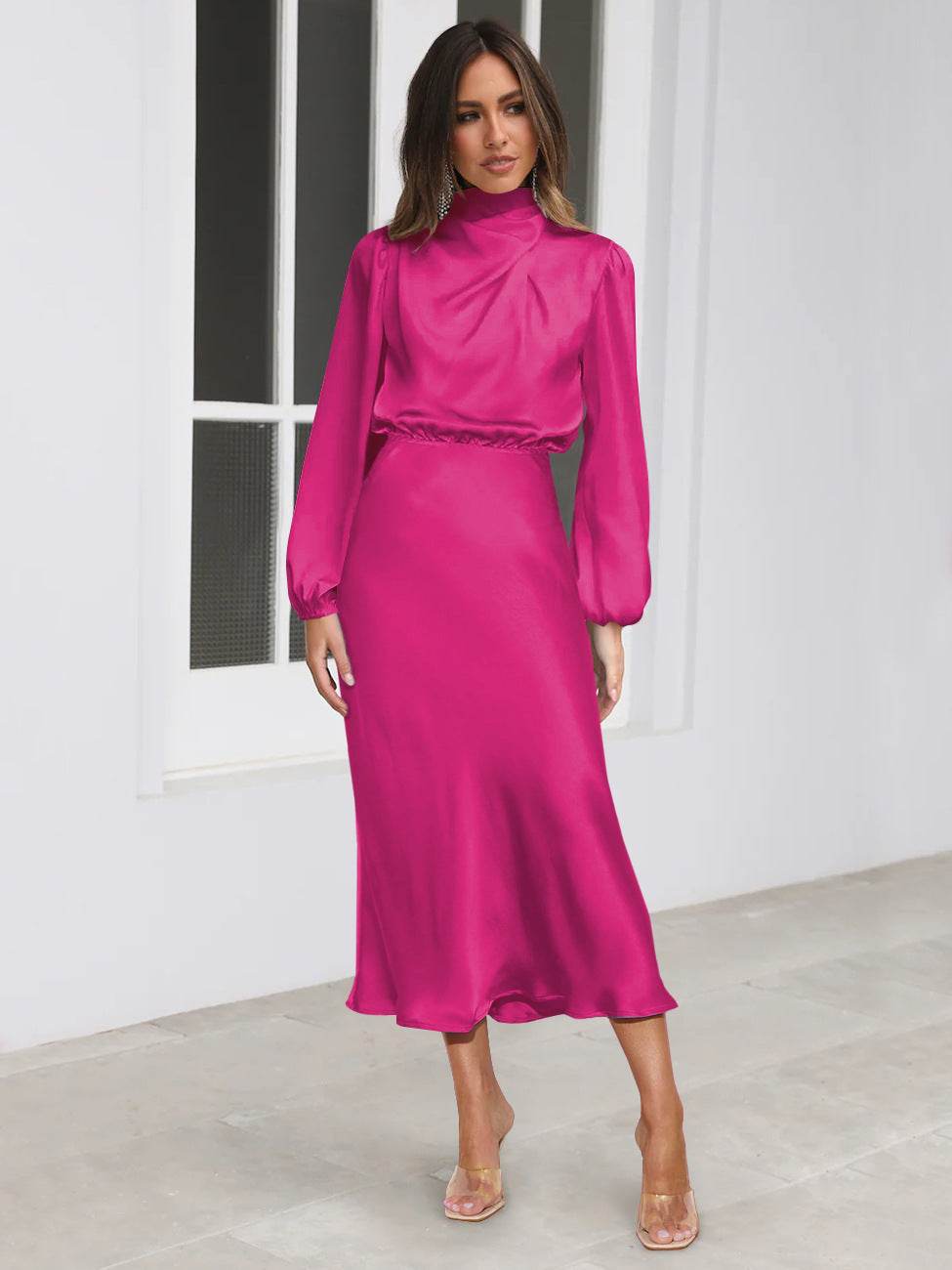 Elegant Temperament Long-sleeved Dress Satin Halterneck Formal Evening Dresses Women Clothing