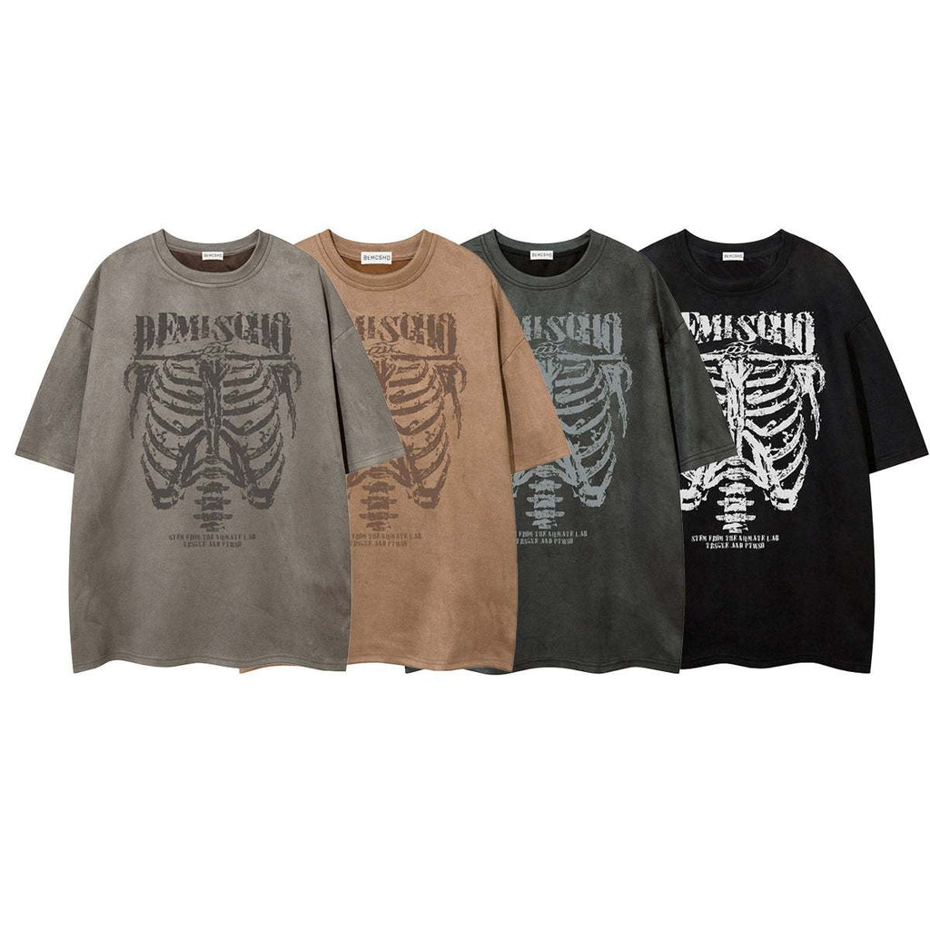 Dark Skull Skeleton Printed Suede T-shirt For Men