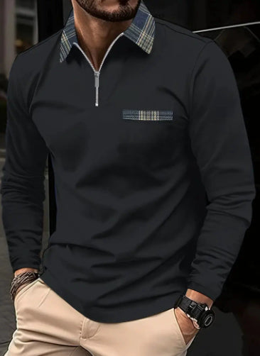Leisure Plaid Lapel Polo Shirt Fashion Solid Color Long Sleeve Tops Men's Clothing
