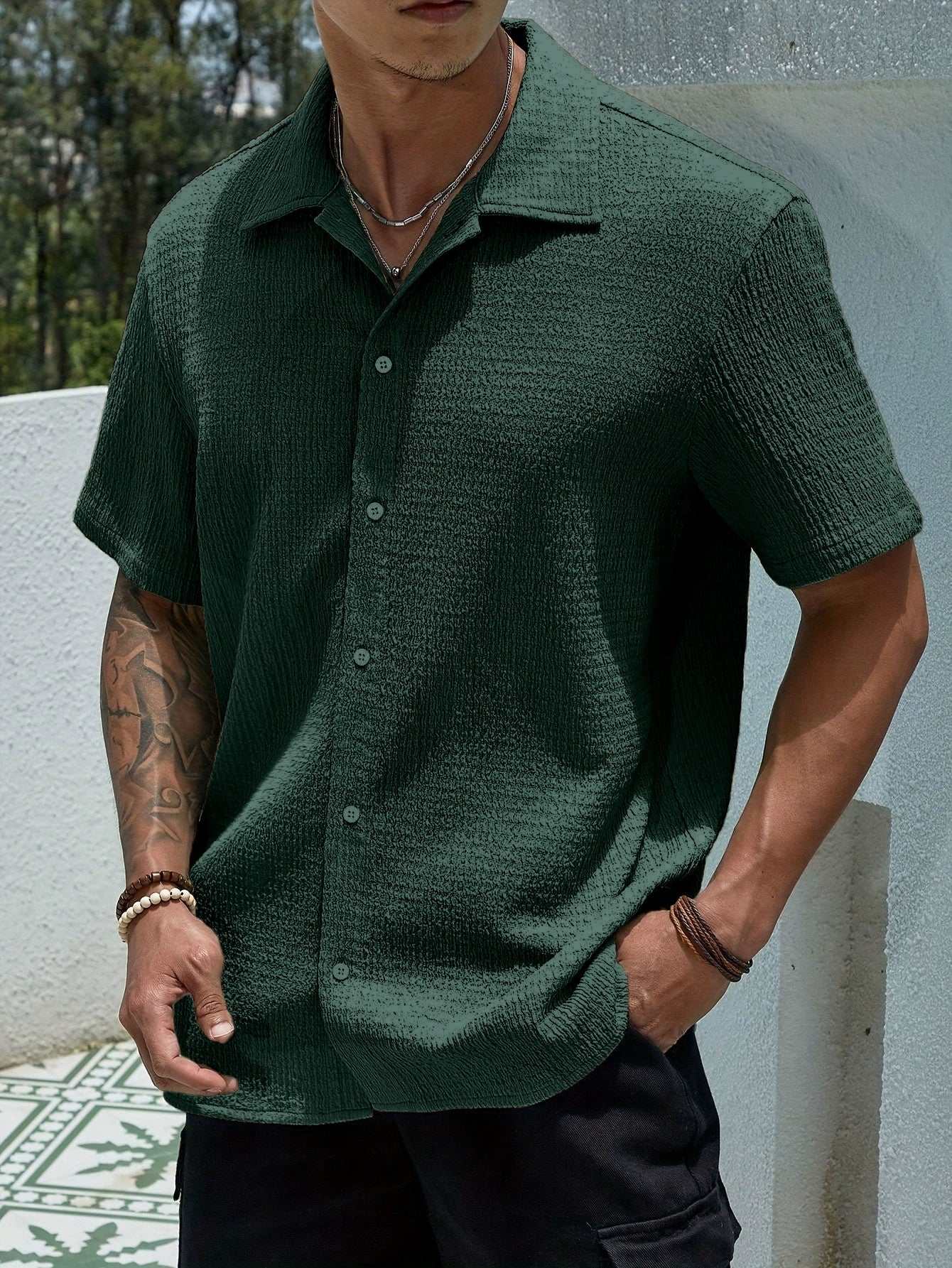 Men's Solid Color Short Sleeve Shirt Fashion Casual Button Lapel Tops Clothing