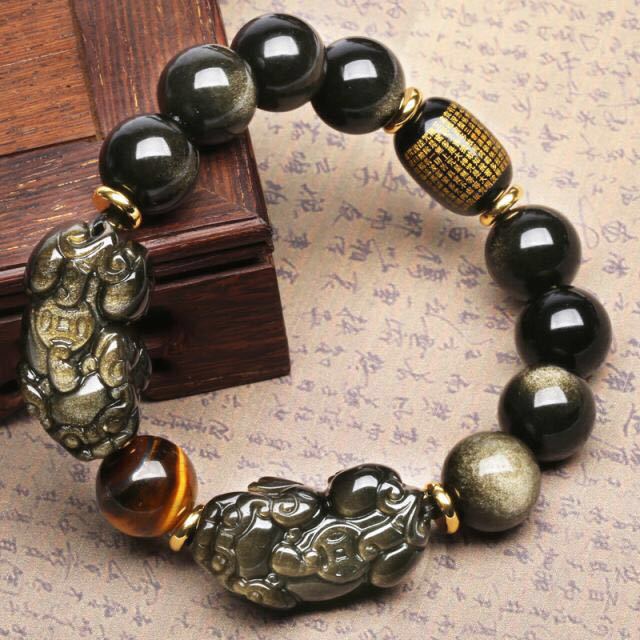 Natural Mexican gold Obsidian Double Double Hook bracelet for men