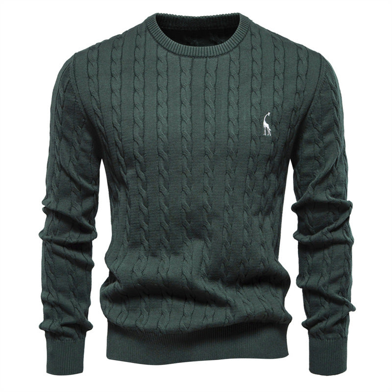 Embroidered Solid Color Knitted Sweater With Deer Pattern