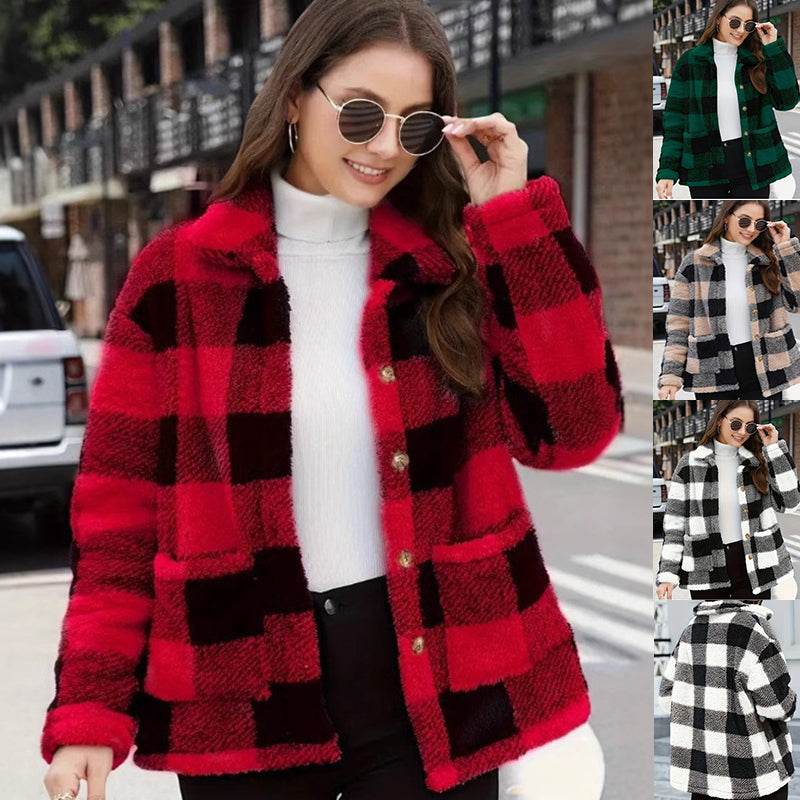 Women wearing color-blocked plaid jacket with lapel pockets and single-breasted design