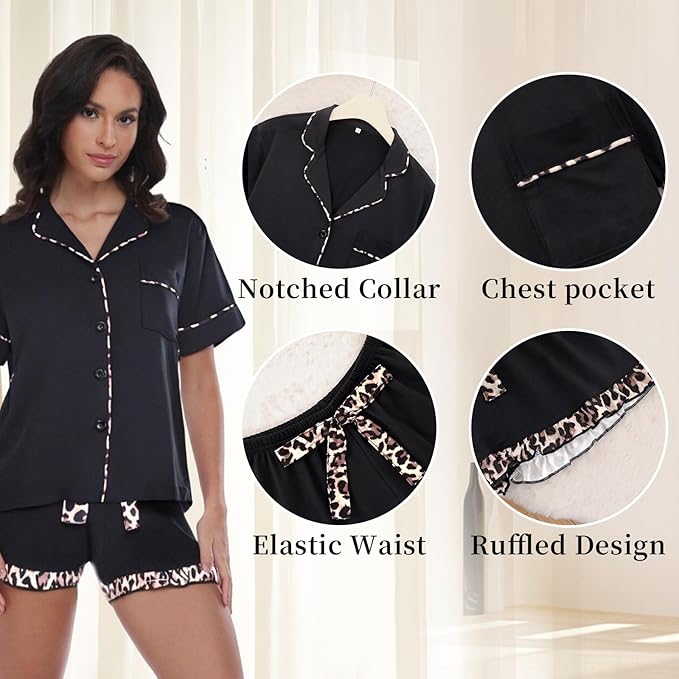RONGTAI Summer Pajamas For Women Set Short Sleeve Button Down Leopard Pjs Lounge Sets Soft Sleepwear