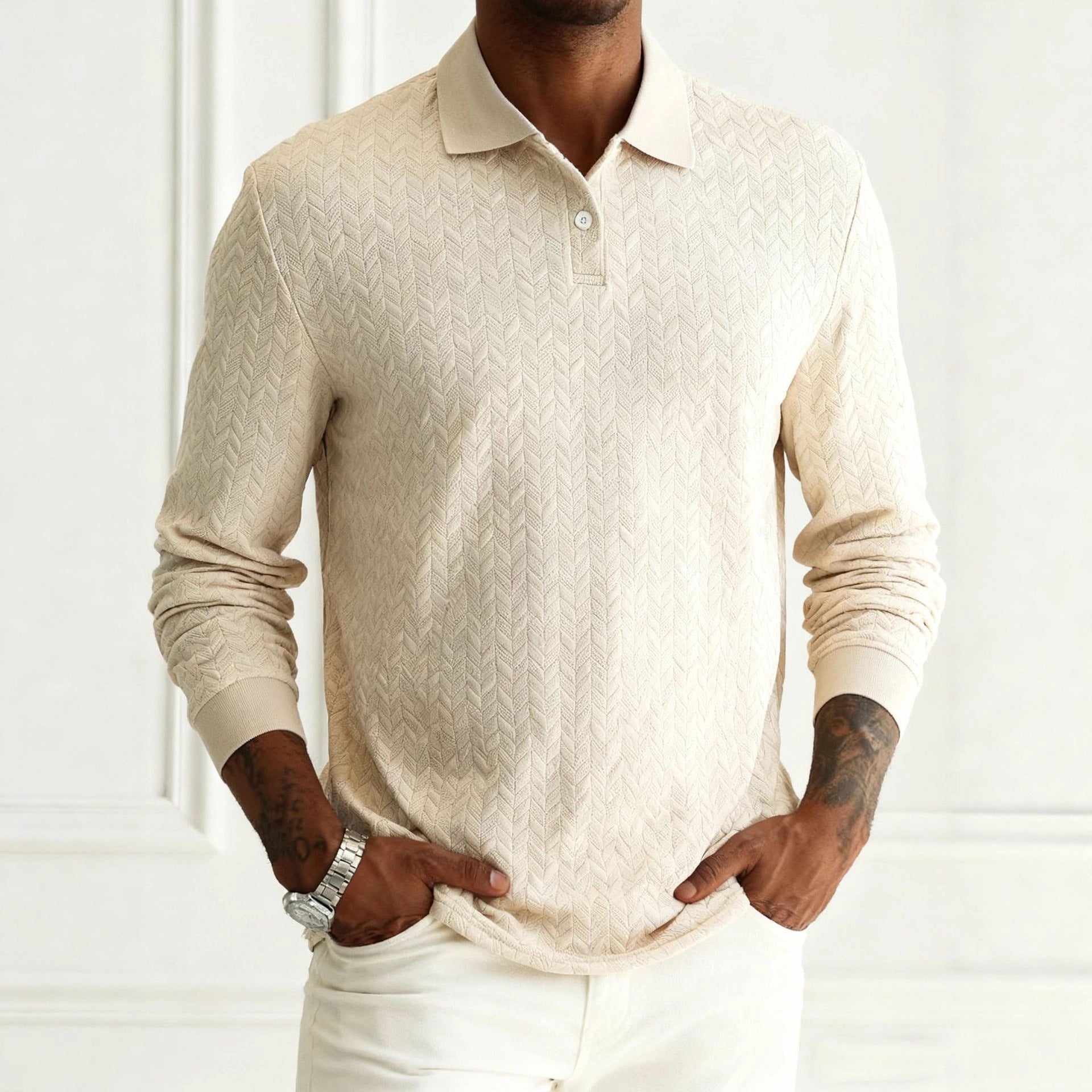 Men's Solid Color Lapel Button-front Long Sleeve Versatile Top