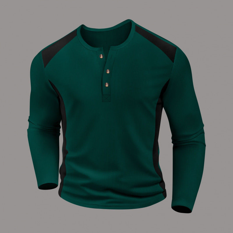 Men's Waffle-Weave Two-Tone Turtleneck Button-Up Long-Sleeve Top
