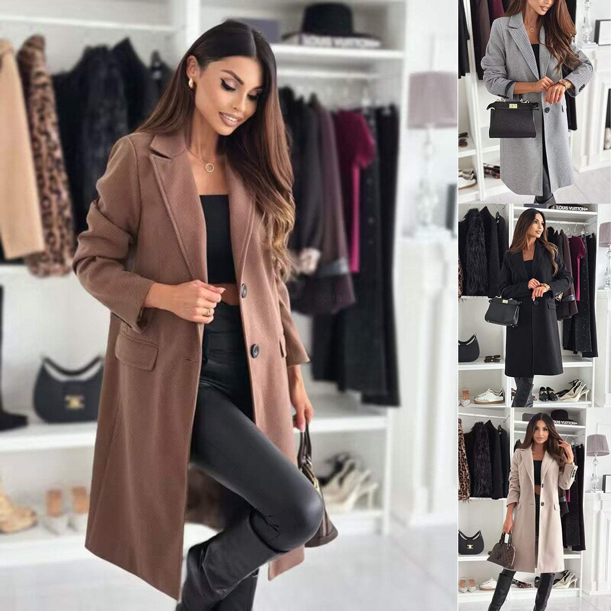 Women wearing lapel single-breasted wool coat in solid color with long sleeves and winter style