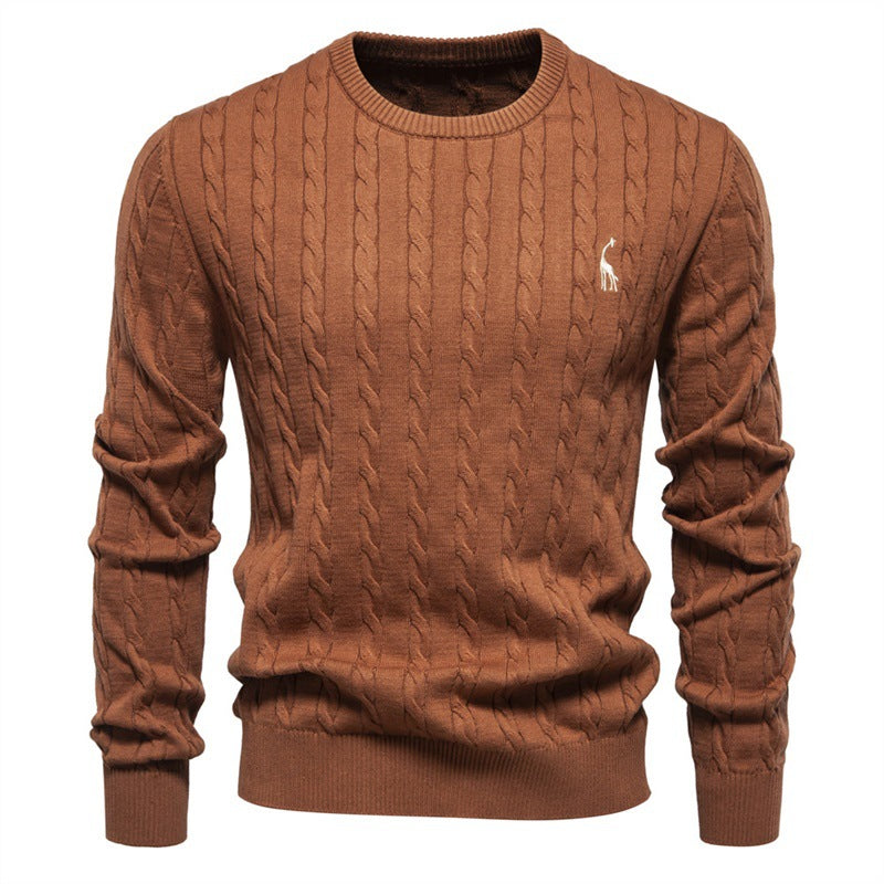 Embroidered Solid Color Knitted Sweater With Deer Pattern