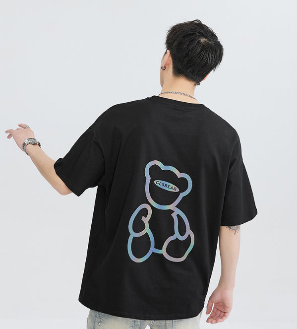 LKTM Men's Clothing Summer Colorful Reflective Bear Printed Short Sleeve