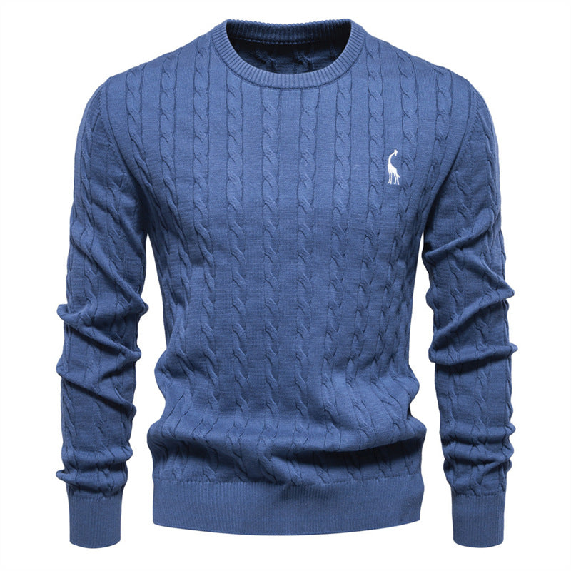 Embroidered Solid Color Knitted Sweater With Deer Pattern