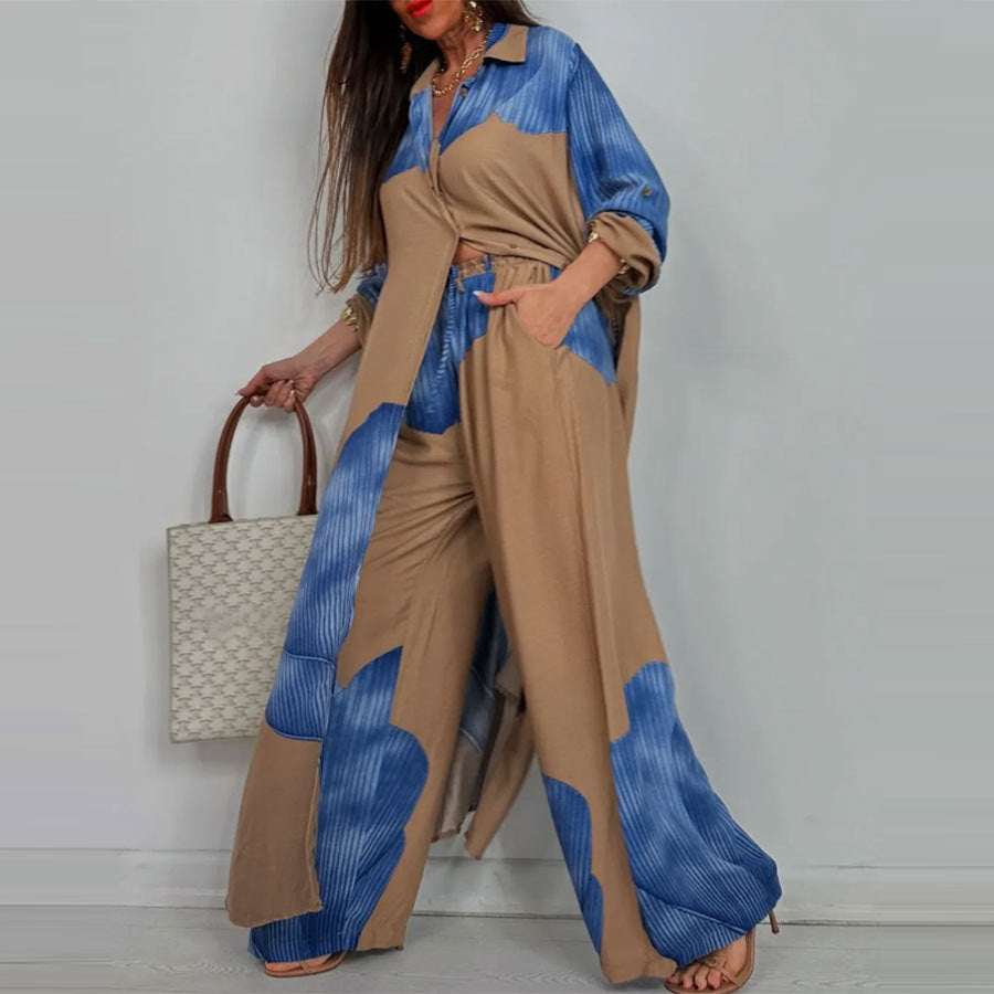 Women's colorblock loose long sleeve shirt and trousers set in multiple colors, women's clothing fashion