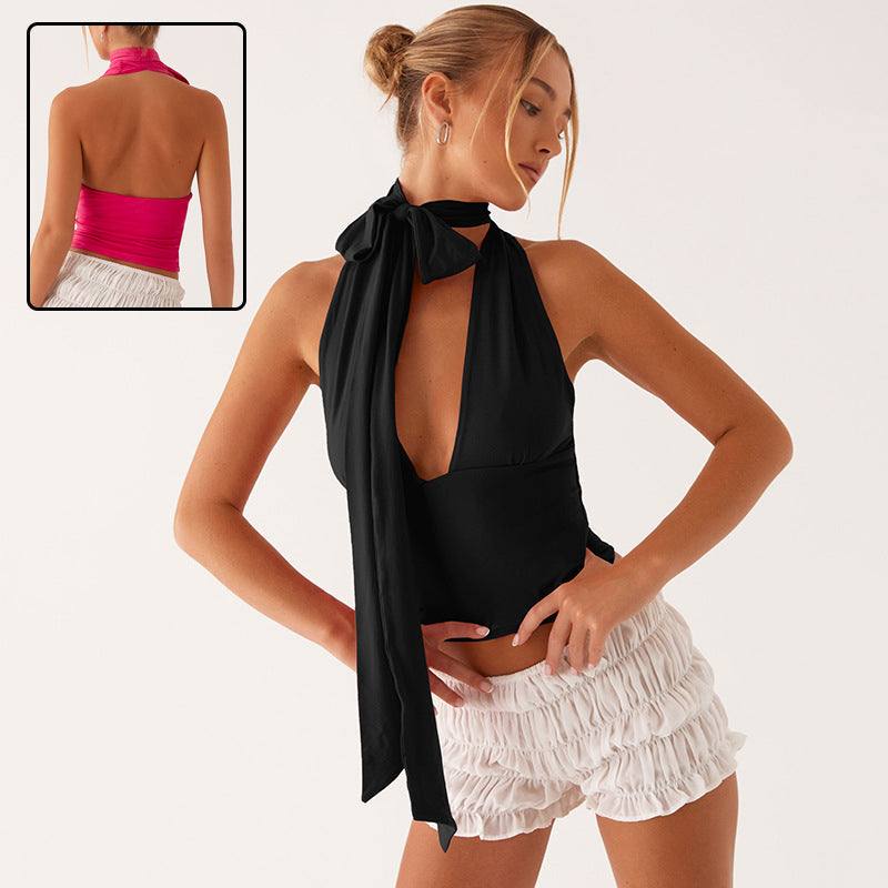Women wearing stylish deep V-neck halter tops in summer fashion colors