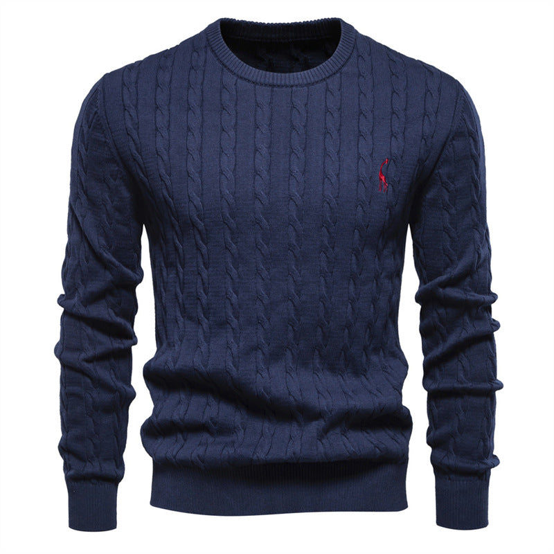 Embroidered Solid Color Knitted Sweater With Deer Pattern