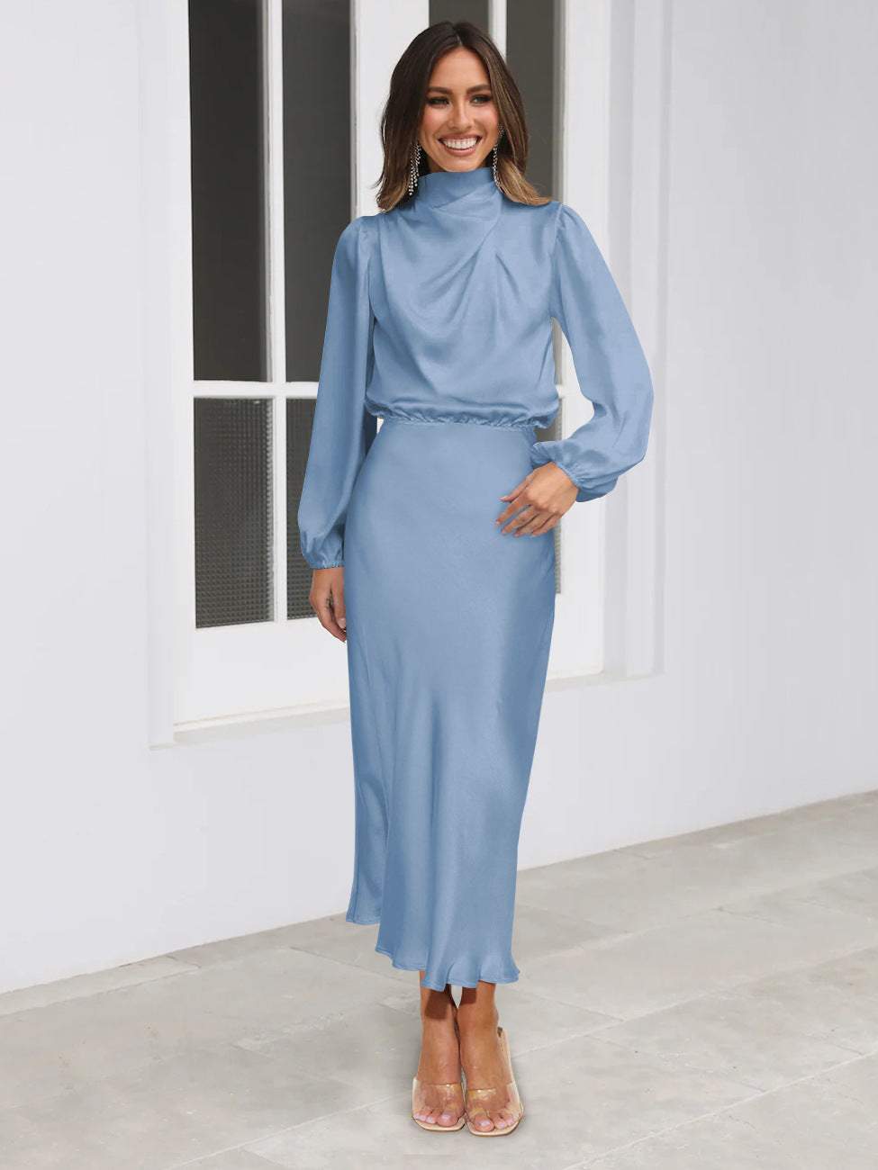 Elegant Temperament Long-sleeved Dress Satin Halterneck Formal Evening Dresses Women Clothing