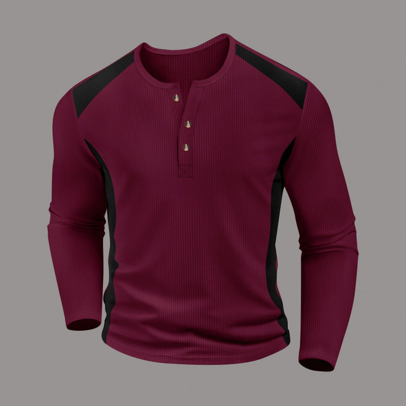 Men's Waffle-Weave Two-Tone Turtleneck Button-Up Long-Sleeve Top