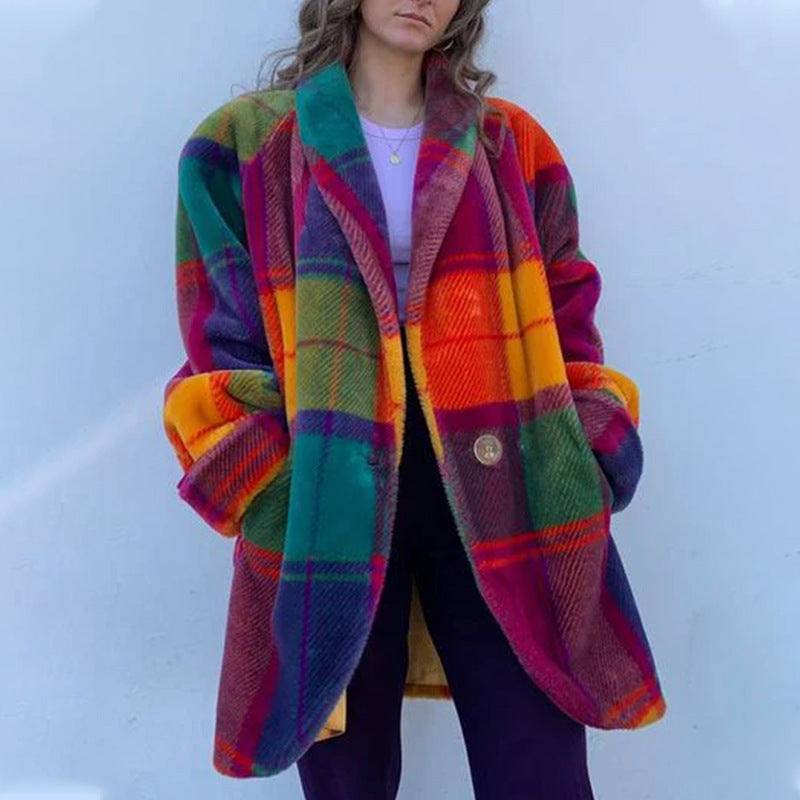 Women's rainbow color plaid lapel jacket with pockets and buttons, medium thickness polyester coat