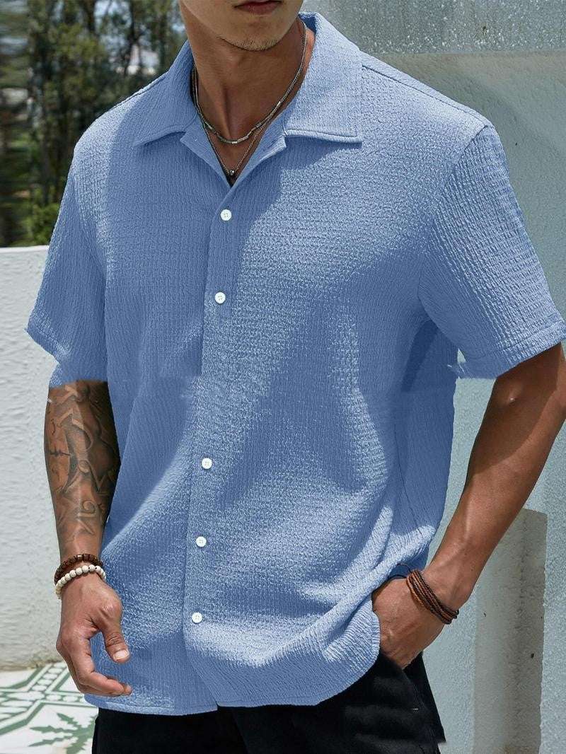 Men's Solid Color Short Sleeve Shirt Fashion Casual Button Lapel Tops Clothing