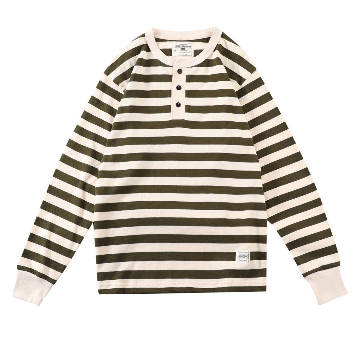 Men's Retro Henry Collar Striped Washed Cotton Long-Sleeve T-Shirt