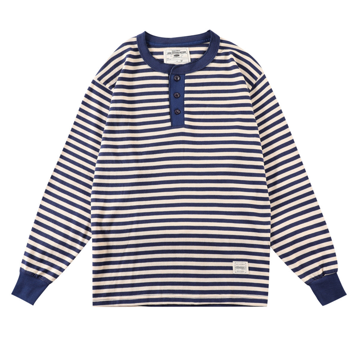 Men's Retro Henry Collar Striped Washed Cotton Long-Sleeve T-Shirt