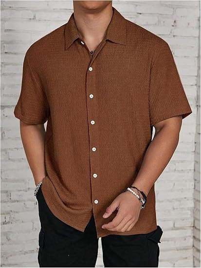 Men's Solid Color Short Sleeve Shirt Fashion Casual Button Lapel Tops Clothing