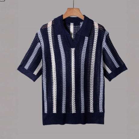 Summer New Breathable Hollow Men Short-sleeved Knitting Polo Shirt