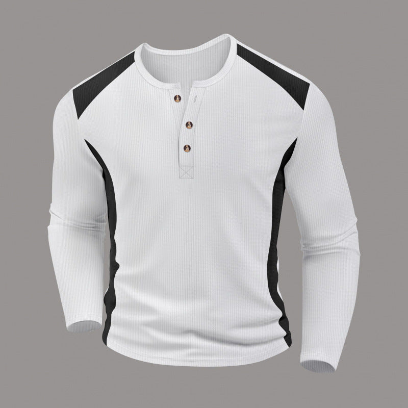 Men's Waffle-Weave Two-Tone Turtleneck Button-Up Long-Sleeve Top