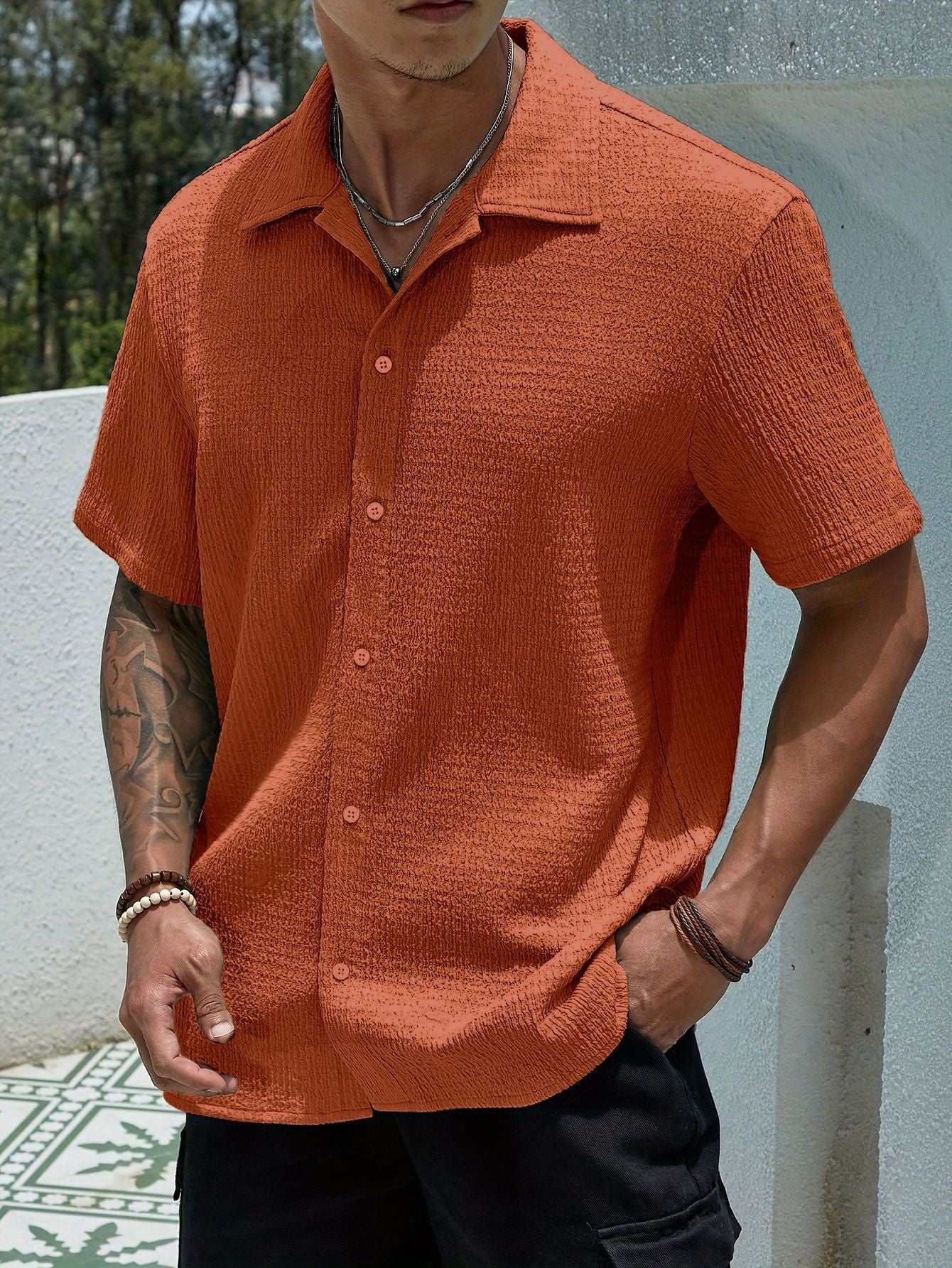 Men's Solid Color Short Sleeve Shirt Fashion Casual Button Lapel Tops Clothing