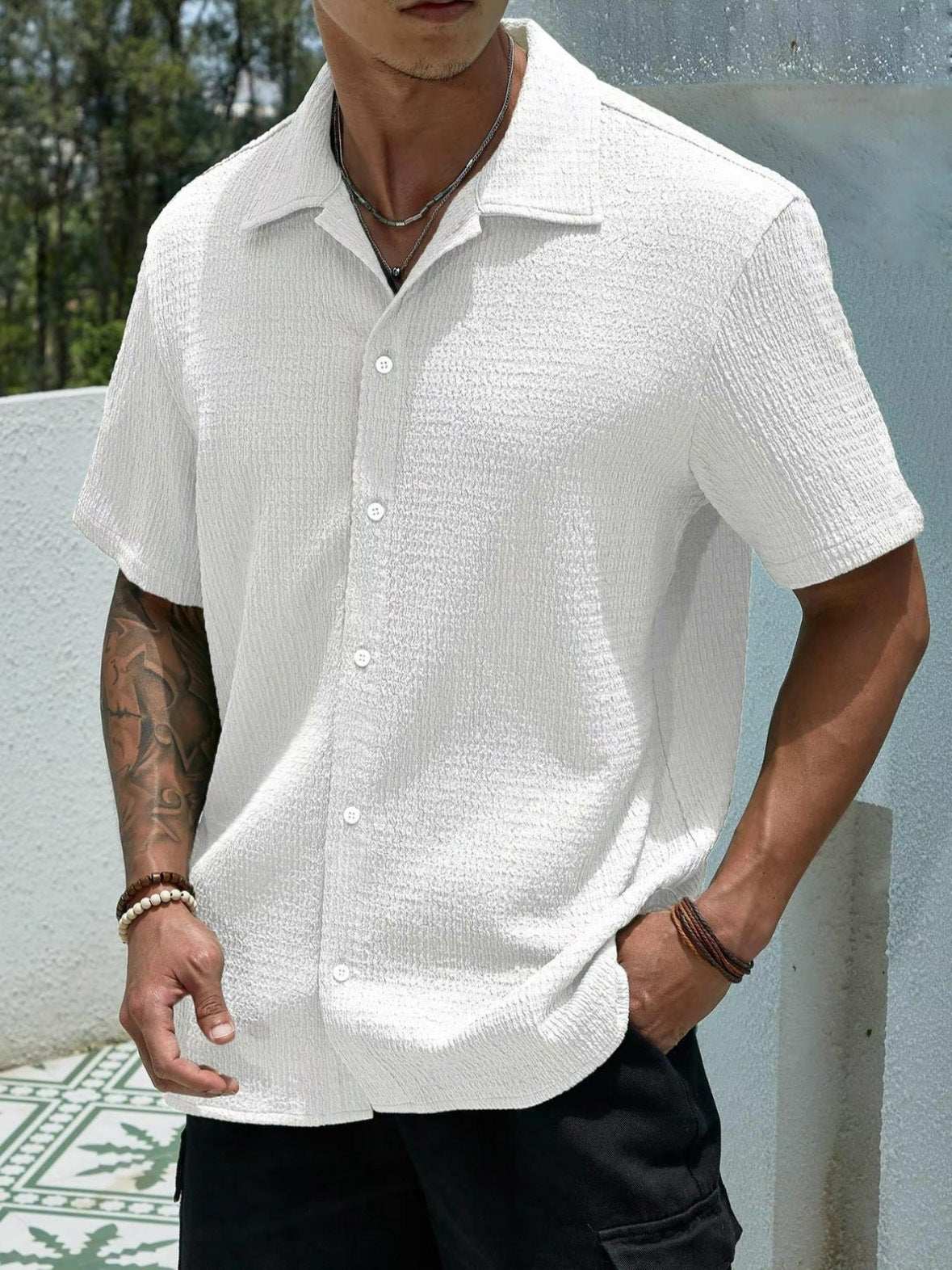 Men's Solid Color Short Sleeve Shirt Fashion Casual Button Lapel Tops Clothing