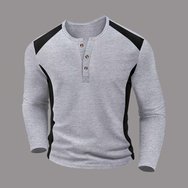 Men's Waffle-Weave Two-Tone Turtleneck Button-Up Long-Sleeve Top