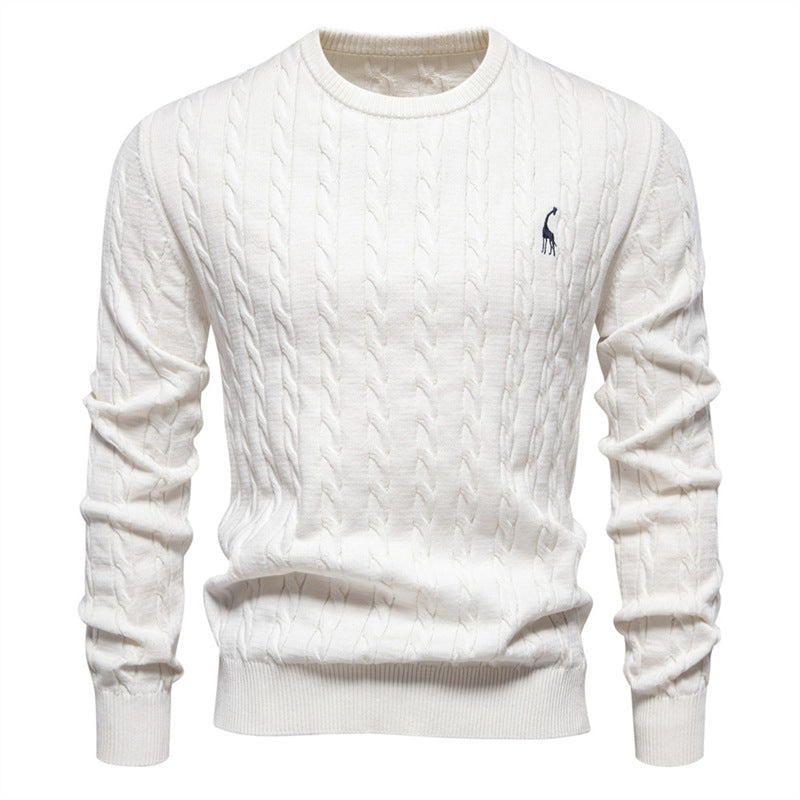 Embroidered Solid Color Knitted Sweater With Deer Pattern