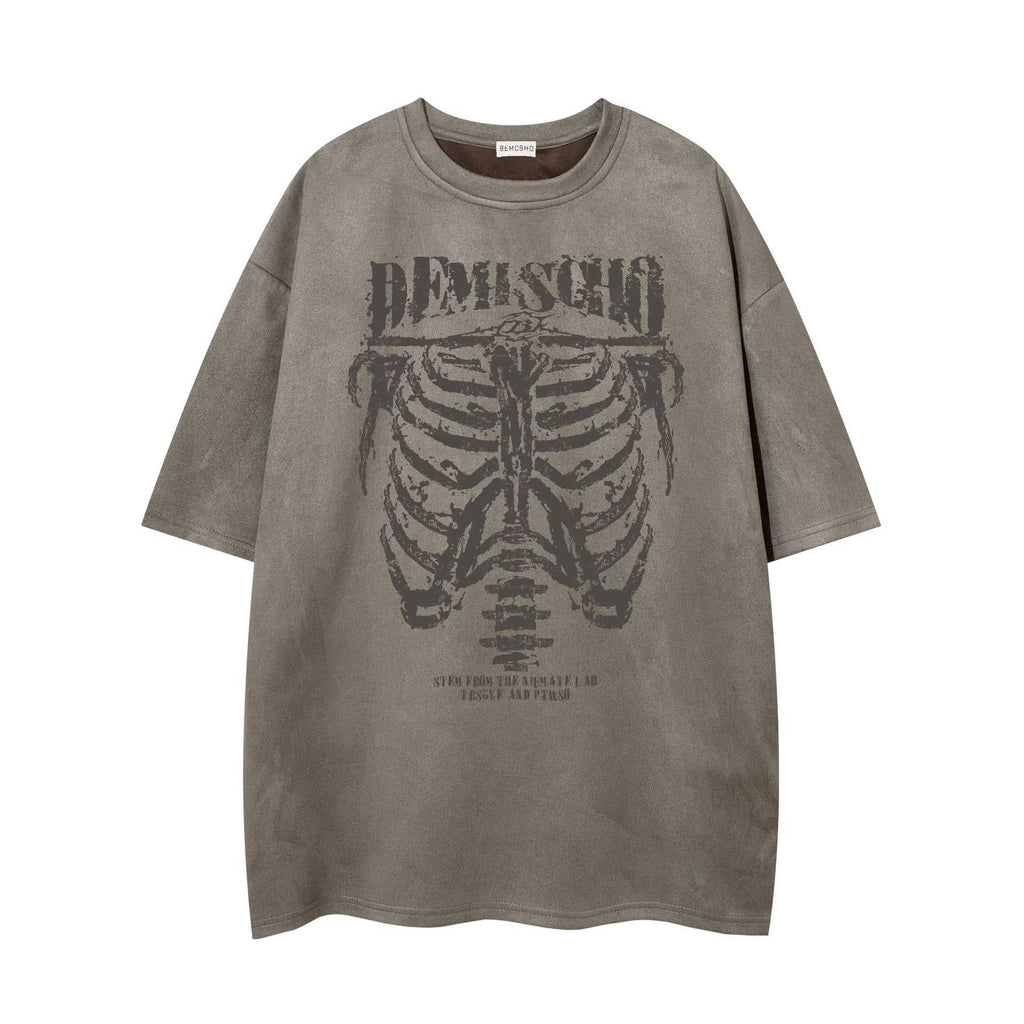 Dark Skull Skeleton Printed Suede T-shirt For Men