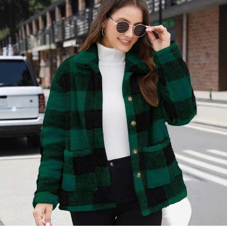 Color-blocked Plaid Jacket Fashion Lapel Pockets Single-breasted Coat Spring Fall Clothing For Women