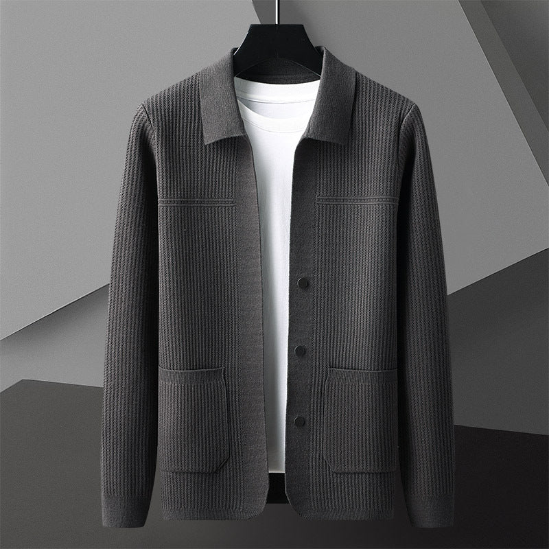Men's AutumnWinter New Arrival Solid-Colored Thickened Lapel Long-Sleeve Sweater With Pockets