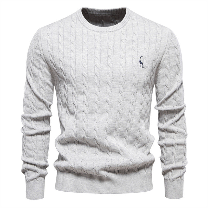 Embroidered Solid Color Knitted Sweater With Deer Pattern