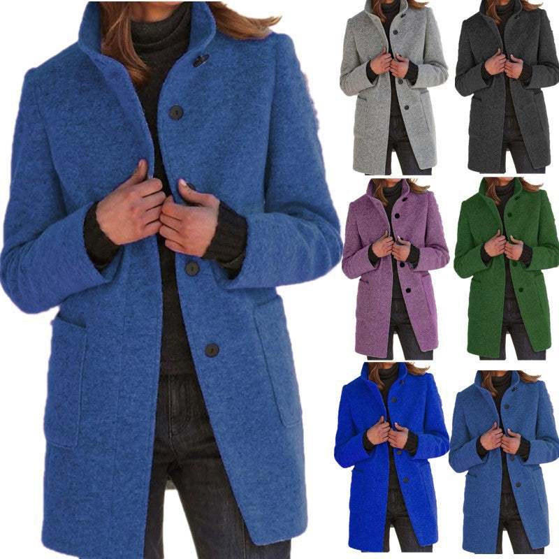 Women wearing fashion stand collar woolen coat with pockets and buttons in casual fall winter style