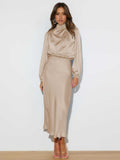 Elegant Temperament Long-sleeved Dress Satin Halterneck Formal Evening Dresses Women Clothing