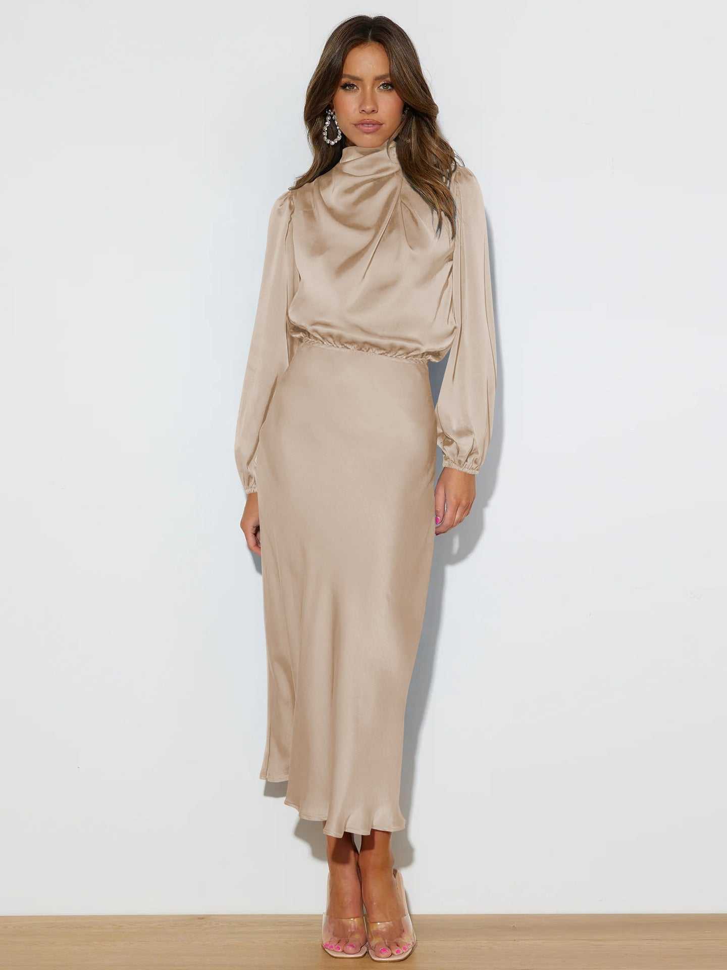 Elegant Temperament Long-sleeved Dress Satin Halterneck Formal Evening Dresses Women Clothing