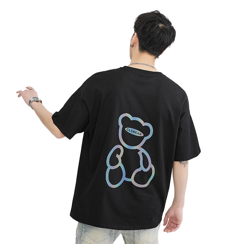 LKTM Men's Clothing Summer Colorful Reflective Bear Printed Short Sleeve